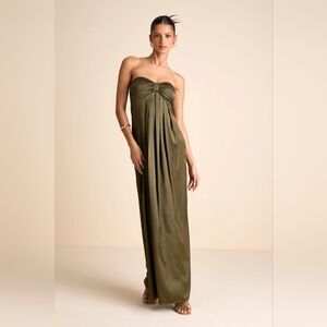 "Memorable Entrance" Olive Green Strapless Satin Maxi Dress NWT